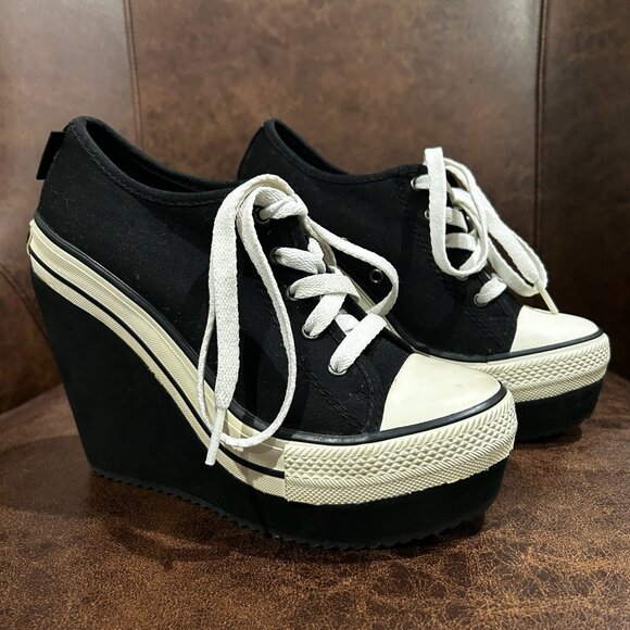 New Rock And Candy 4" High Wedge Lace up Sneakers  Black & White Y2K - Picture 5 of 12